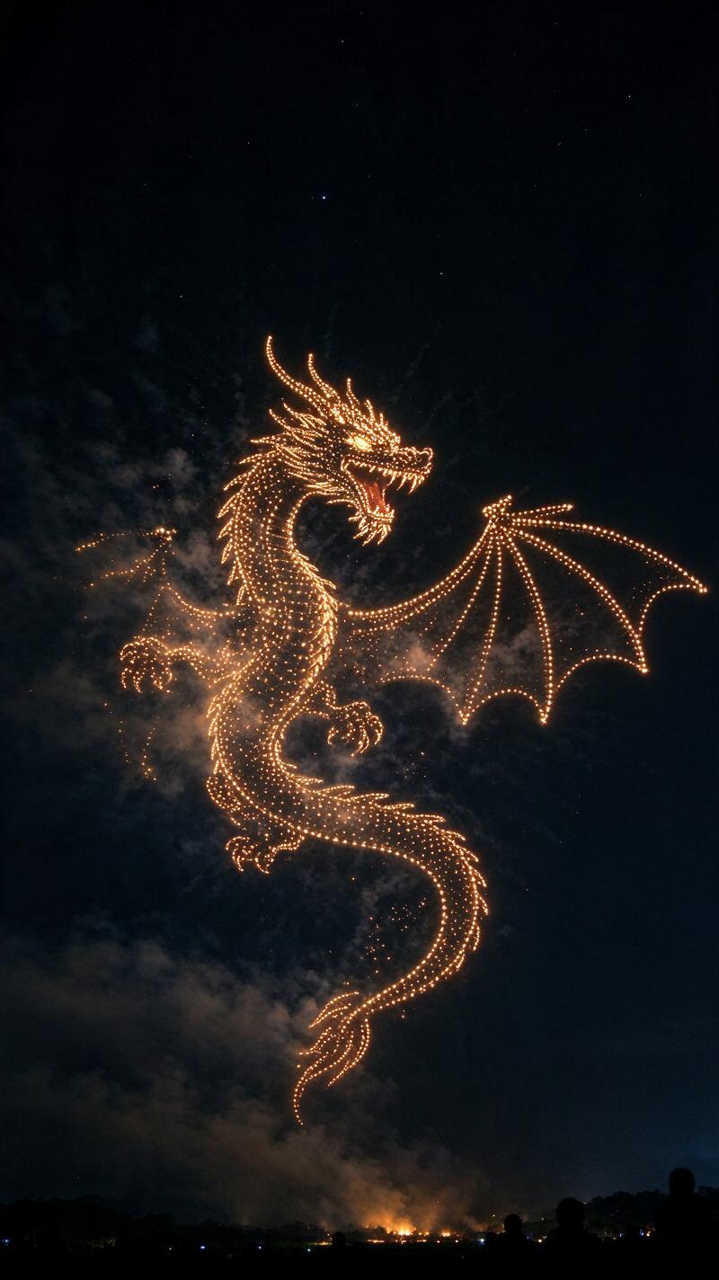 Illustration for the world record: Largest aerial display of a mythical creature formed by drones
